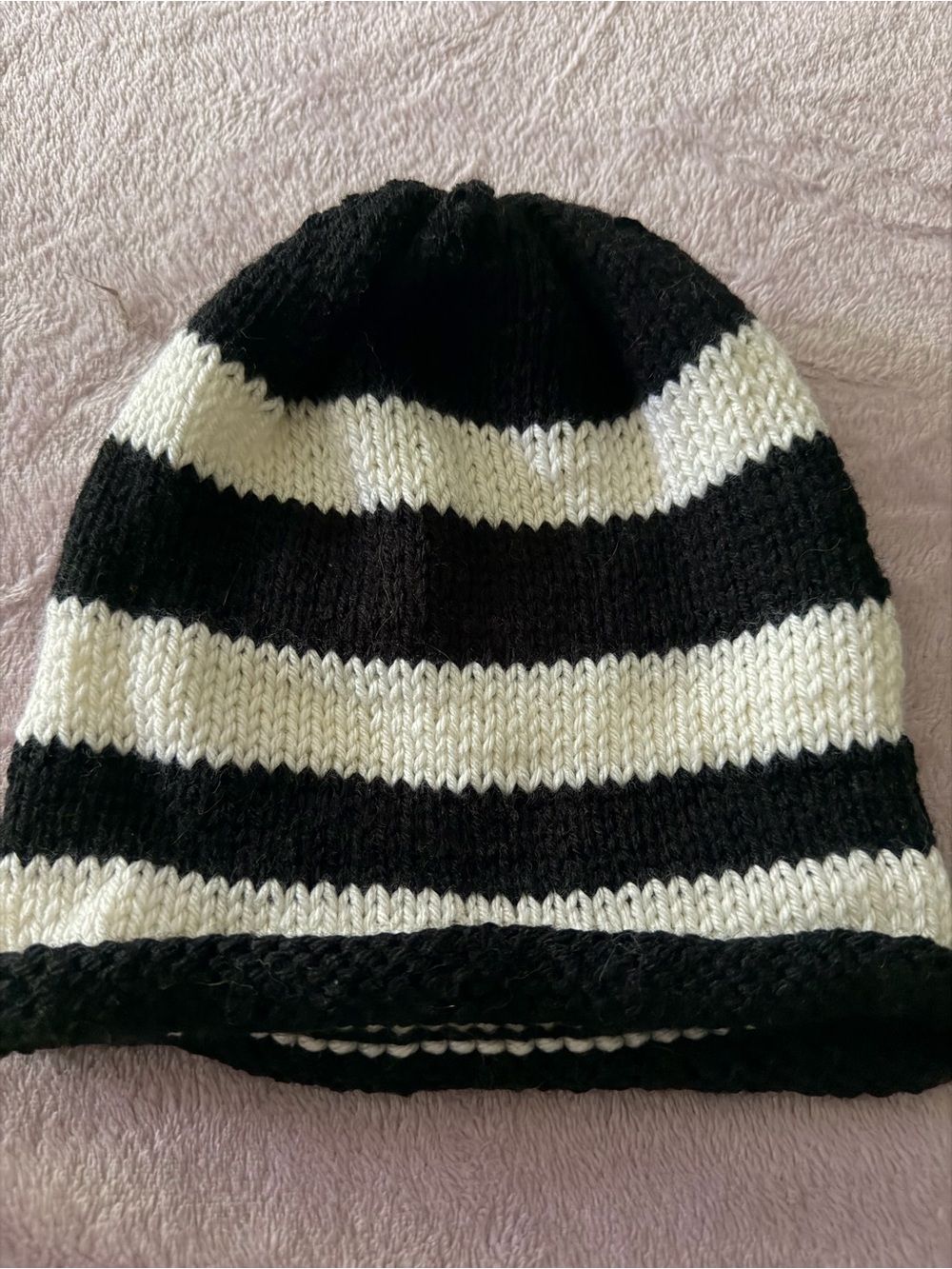 Unisex Adult Hand Knit Black & White Striped Knit Beanie